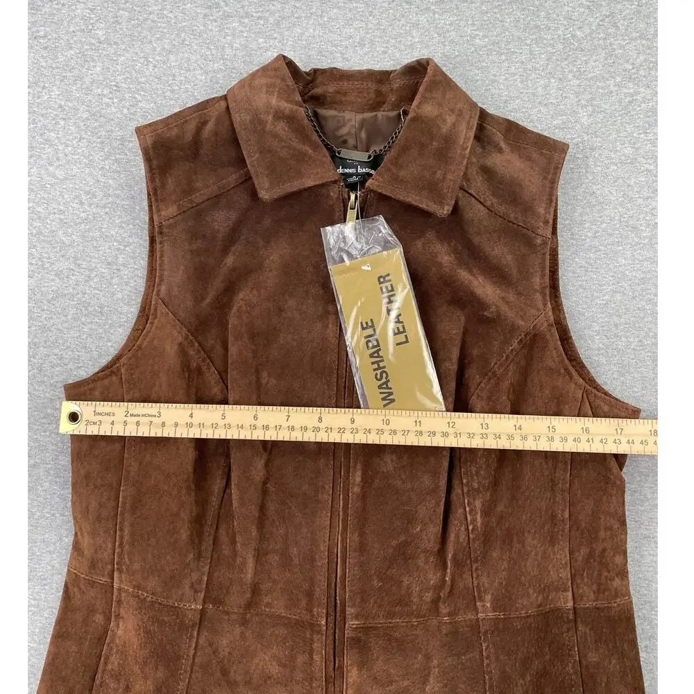 VTG 90s Dennis Basso Leather Vest Womens S Chocolate Brown Full Zip Suede Jacket